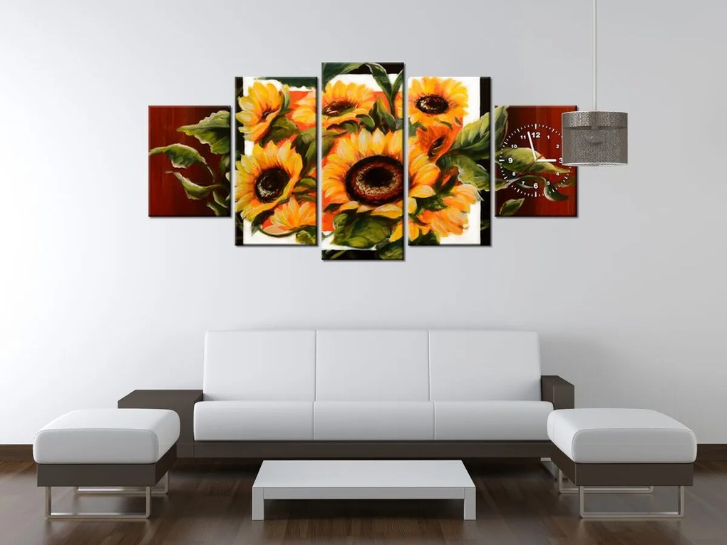 Gario Obraz s hodinami Prekrásne slnečnice - 5 dielny Rozmery: 150 x 105 cm