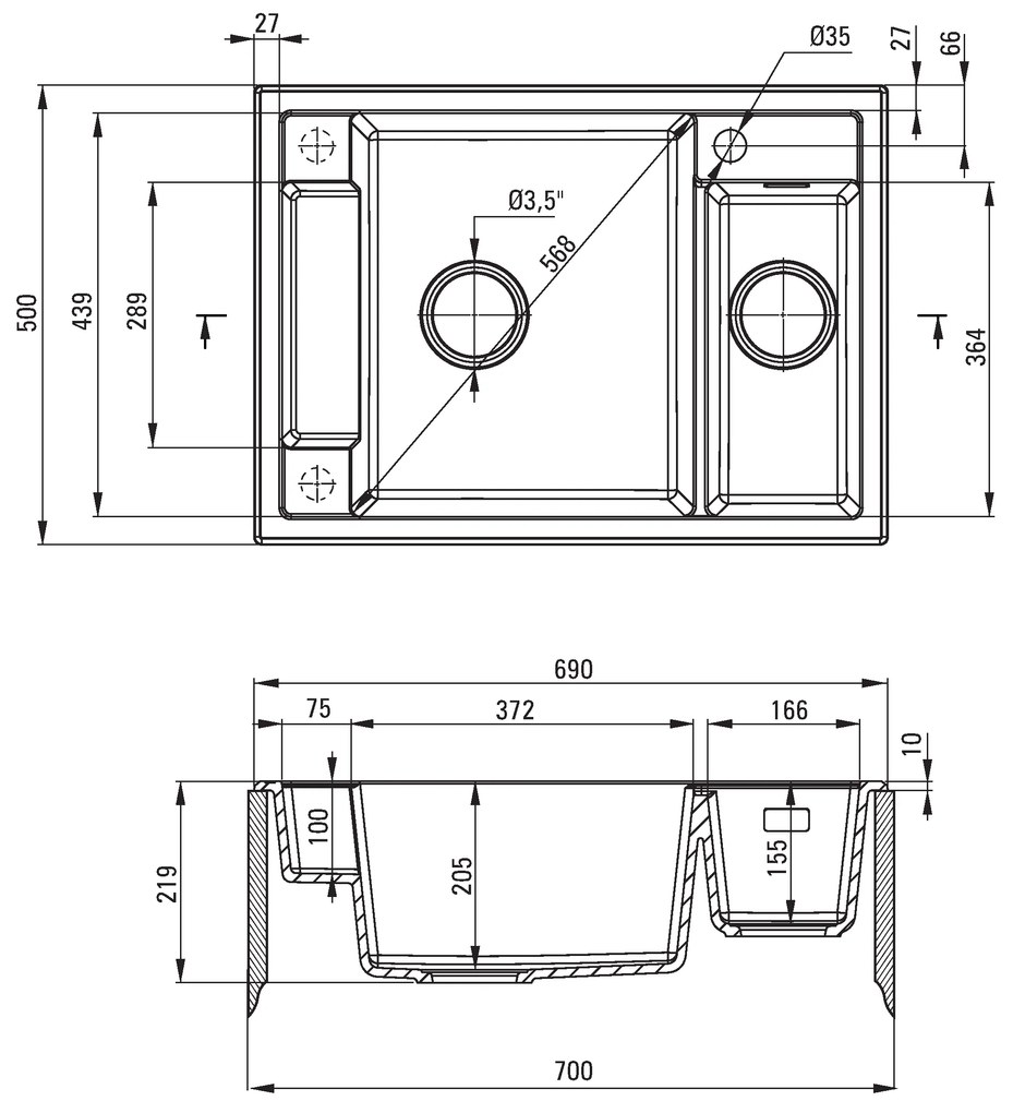 Deante Magnetic, granitový drez na dosku 690x500x219 mm, 3,5" + priestorovo úsporný sifón, 1,5-komorový, šedá, ZRM_S503