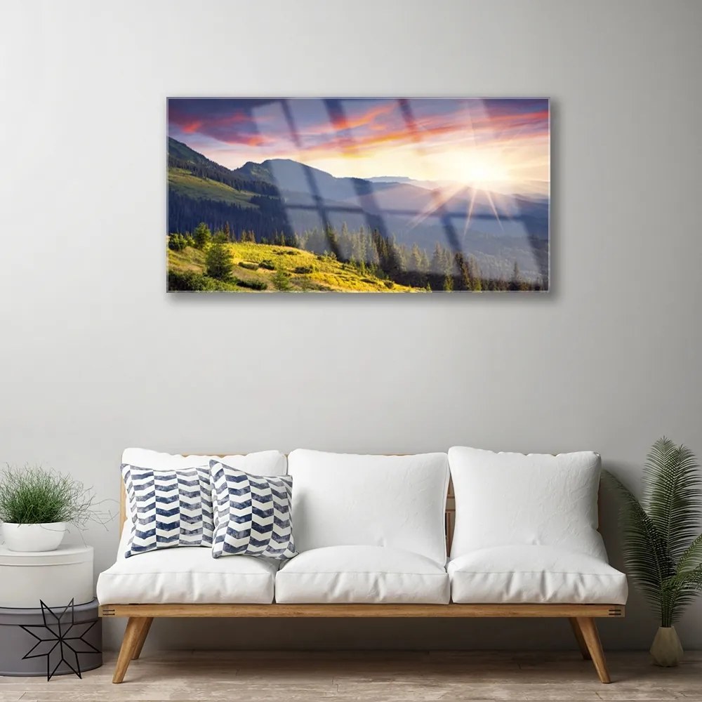 Skleneny obraz Hora les slnko krajina 125x50 cm