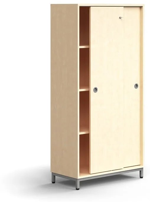 Skriňa s posuvnými dverami QBUS, 3 police, na nožičkách, s madlom, 1636x800x400 mm, strieborná, brez