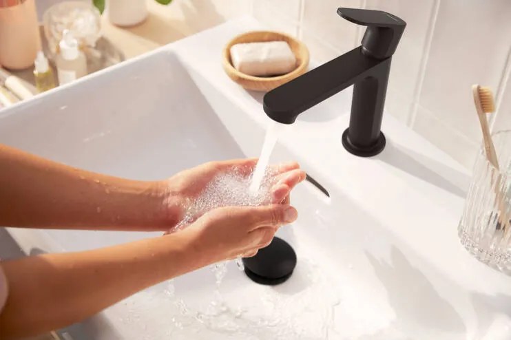 Hansgrohe Rebris S, umývadlová batéria 110 s odtokovou súpravou s tiahlom, CoolStart, EcoSmart, čierna matná, HAN-72588670