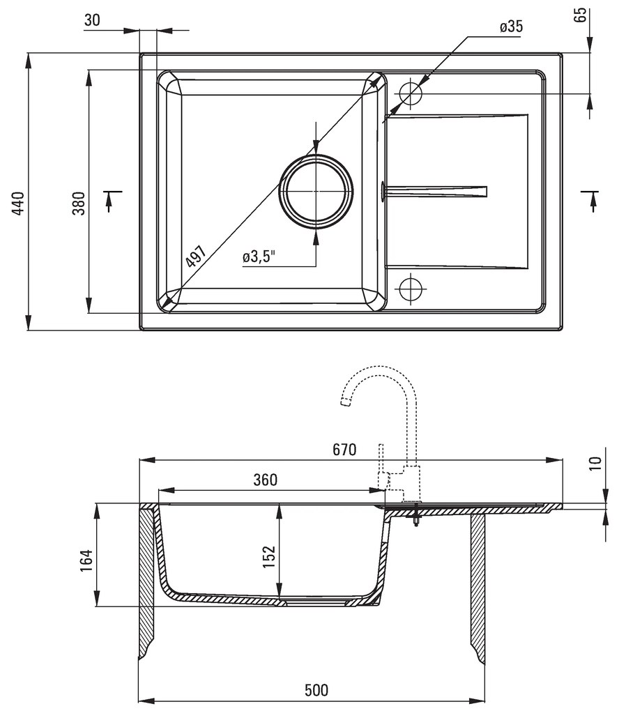 Deante Leda, granitový 1-komorový drez na dosku 670x440x164 mm + drezová batéria BEN 262M grafitová + sifón, grafitová, ZRDA2113