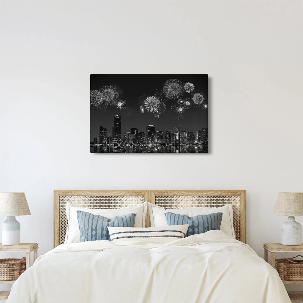 Obraz - Ohňostroj v Miami, čiernobiela (90x60 cm)
