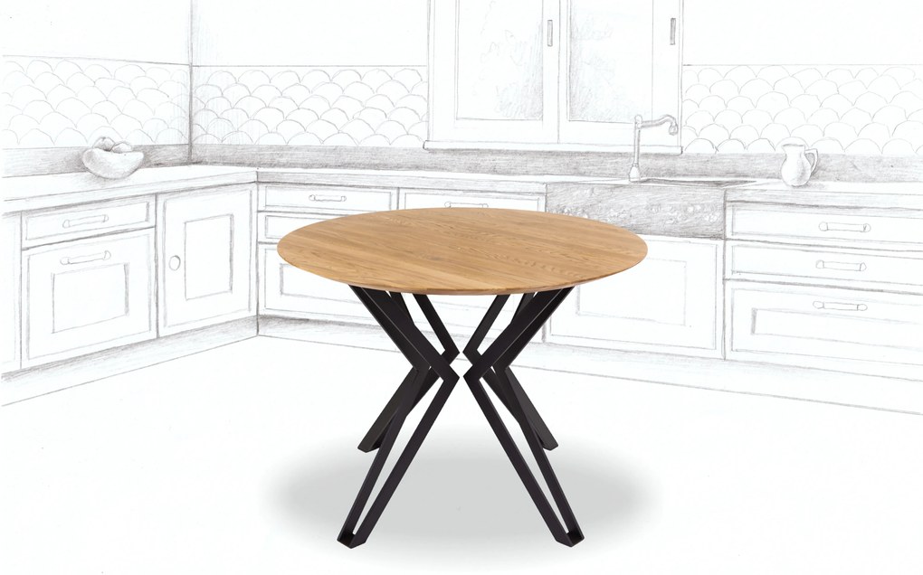 Wooded Jídelní stůl Atlanta z masivu DUB Průměr stolu: 120 cm, Hrana stolu: Švýcarská (zkosená), Barva kovu: Černá