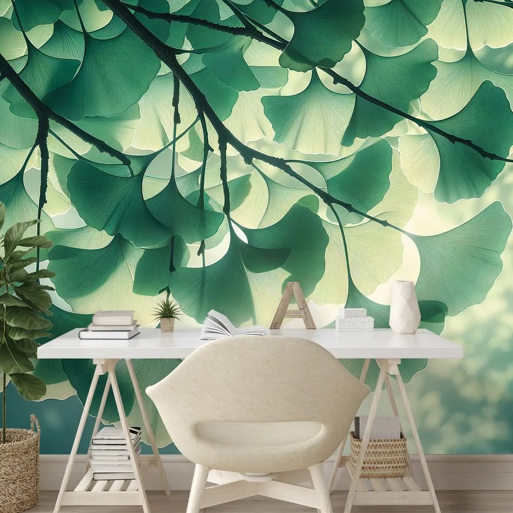 Samolepiaca tapeta zelené listy ginka v žiare svetla