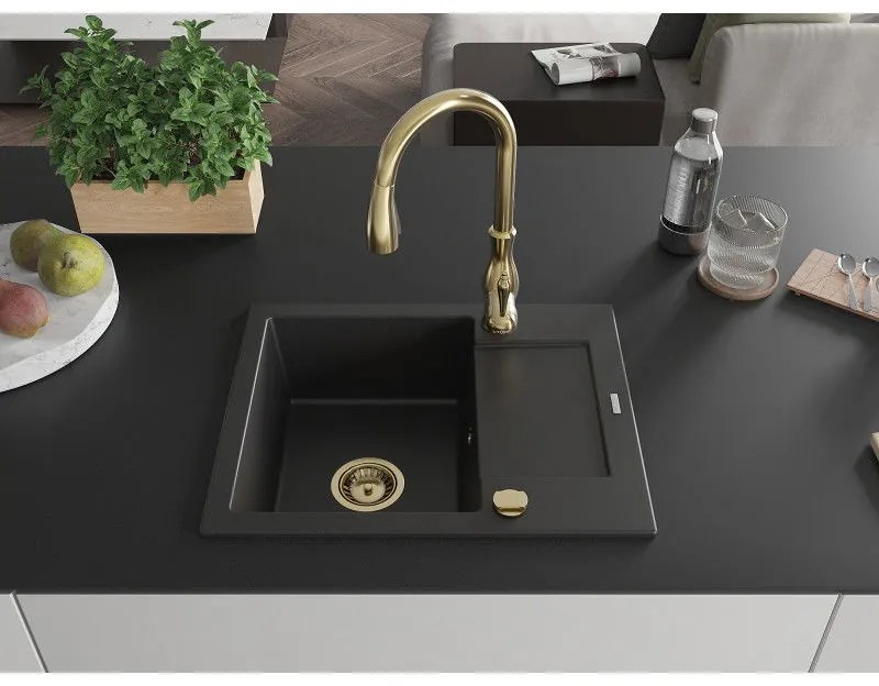 Mexen Enzo, 1-komorový granitový drez 576x465x174 mm a drezová batéria Savita, čierna, 6506-77-672601-50