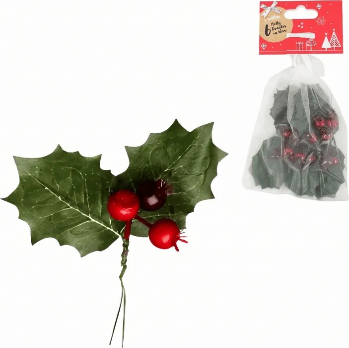 Vianočná dekorácia na drôtiku HOLLY LEAVES 13 cm 6 ks