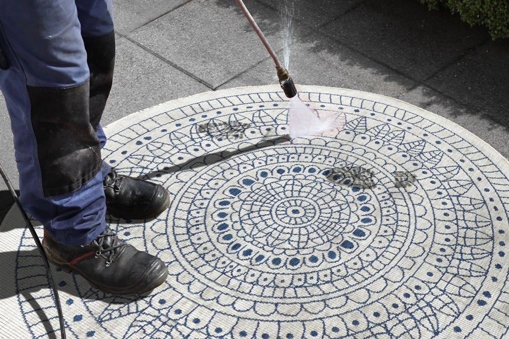 Kusový koberec Twin-Wendeteppiche 103104 creme blau – na von aj na doma, 240x240 (priemer) kruh, modrá, chodba / predsieň, Hanse Home