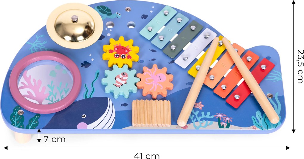Drevený hudobný stolík s 4 nástrojmi pre deti (xylofón, bubon, tarka) – veľryba ECOTOYS