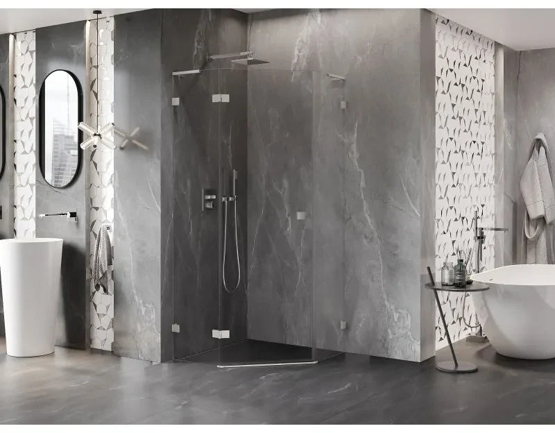 Mexen Lunar, L päťuholníkový sprchový kút naklápací doľava 80 x 80 cm, 8mm číre sklo, oceľový profil, 831L-080L-080P-97-00-L