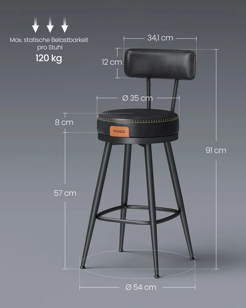 VASAGLE EKHO – Sada 2 barových stoličiek z umelej kože, otočné, LBC089 Farba: čierna