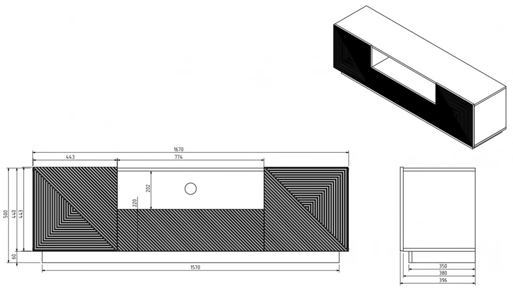 TV stolík Asha 167 cm s otvorenou policou - artisan / čierny mat