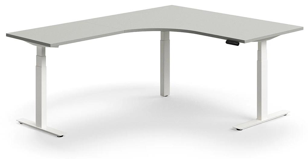 Výškovo nastaviteľný stôl QBUS, rohový, 1600x2000 mm, biely rám, svetlošedá