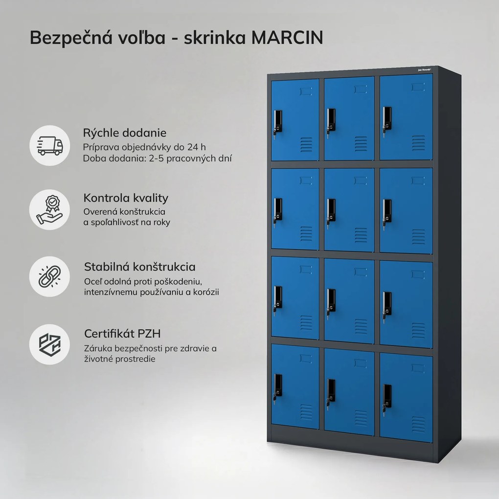 Sociálna BHP skrinka s priehradkami antracitovo modrá, 900x1850x400 mm: MARCIN