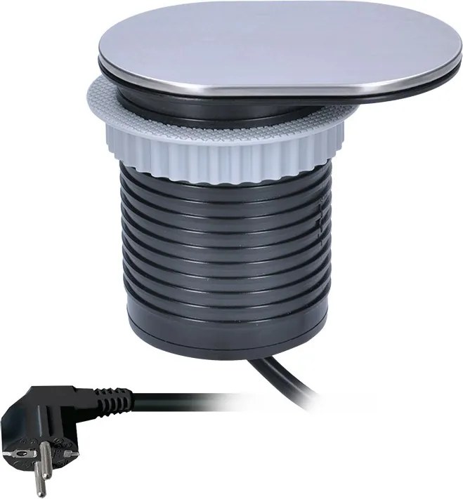 Solight Solight 1x vstavaná zásuvka + 1x USB s posuvným viečkom, oválny kryt z brúseného hliníka, predlžovací prívod 1,9 m, USB 2400mA