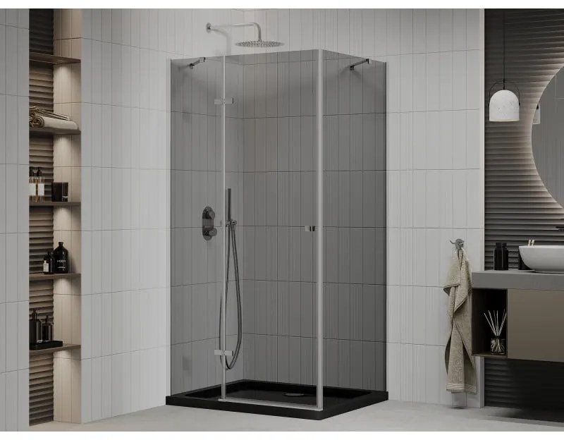 Mexen Roma, sprchový kút s krídlovými dverami 100 (dvere) x 90 (stena) cm, 6mm šedé sklo, chrómový profil + slim sprchová vanička čierna + chrómový sifón, 854-100-090-01-40-4070