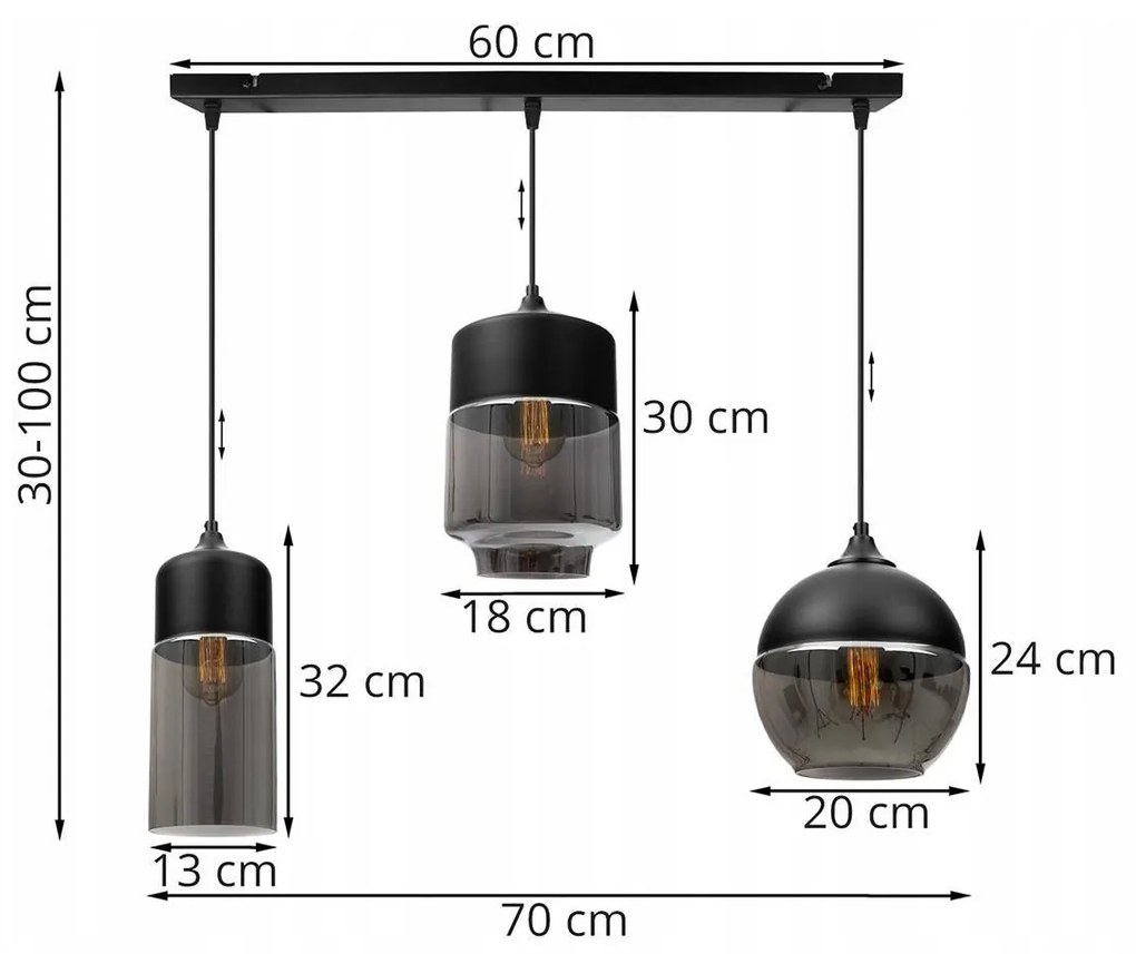 Závesné svietidlo OSLO 4, 3x čierne/grafitové sklenené tienidlo