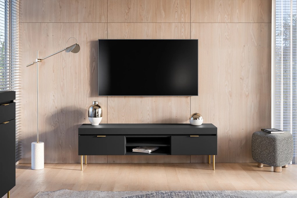 TV stolík Sentia 157 cm s 2 otvorenými policami - čierna / zlatá