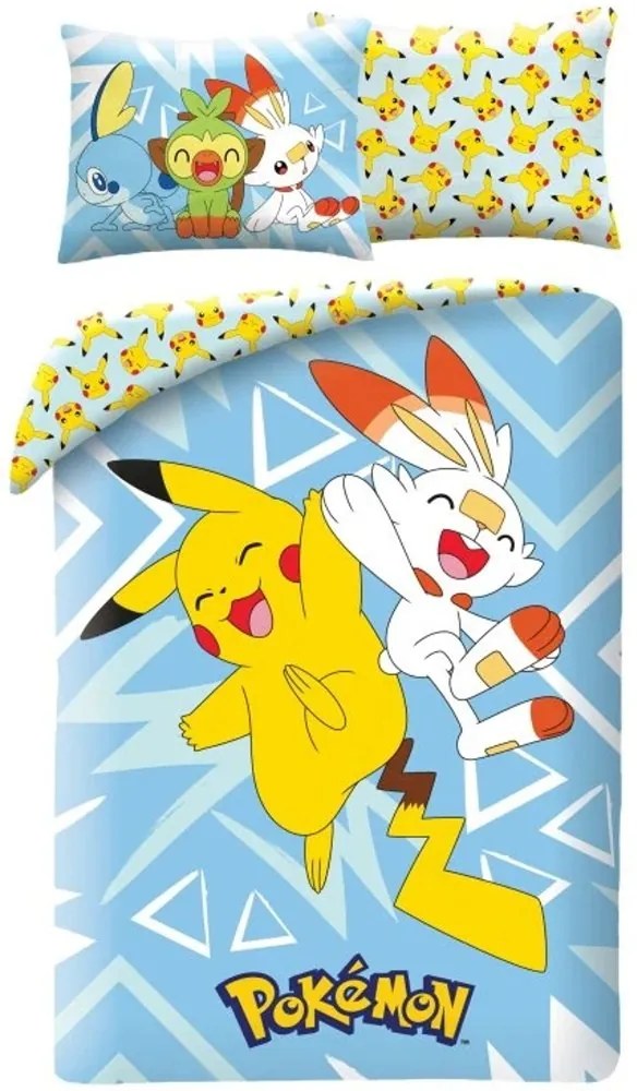Posteľné obliečky z mikrovlákna Pokémoni Pikachu, Scorbunny, Grookey a Sobble - 140 x 90 cm + 70 x 90 cm