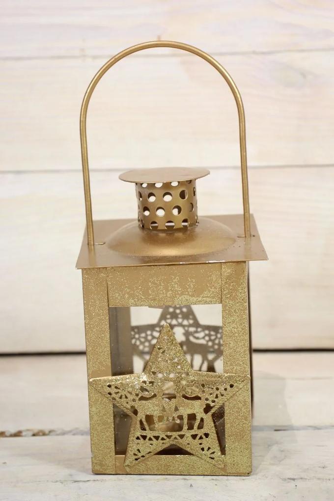 Plechový lampáš s hviezdou - zlatý (v. 17,5 cm) - vianočný