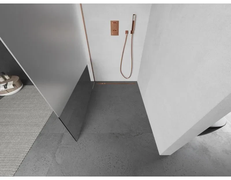 Mexen Kioto, sprchová zástena Walk-In 140 x 200 cm, 8mm číre sklo-námraza, medený matný profil, 800-140-101-65-35
