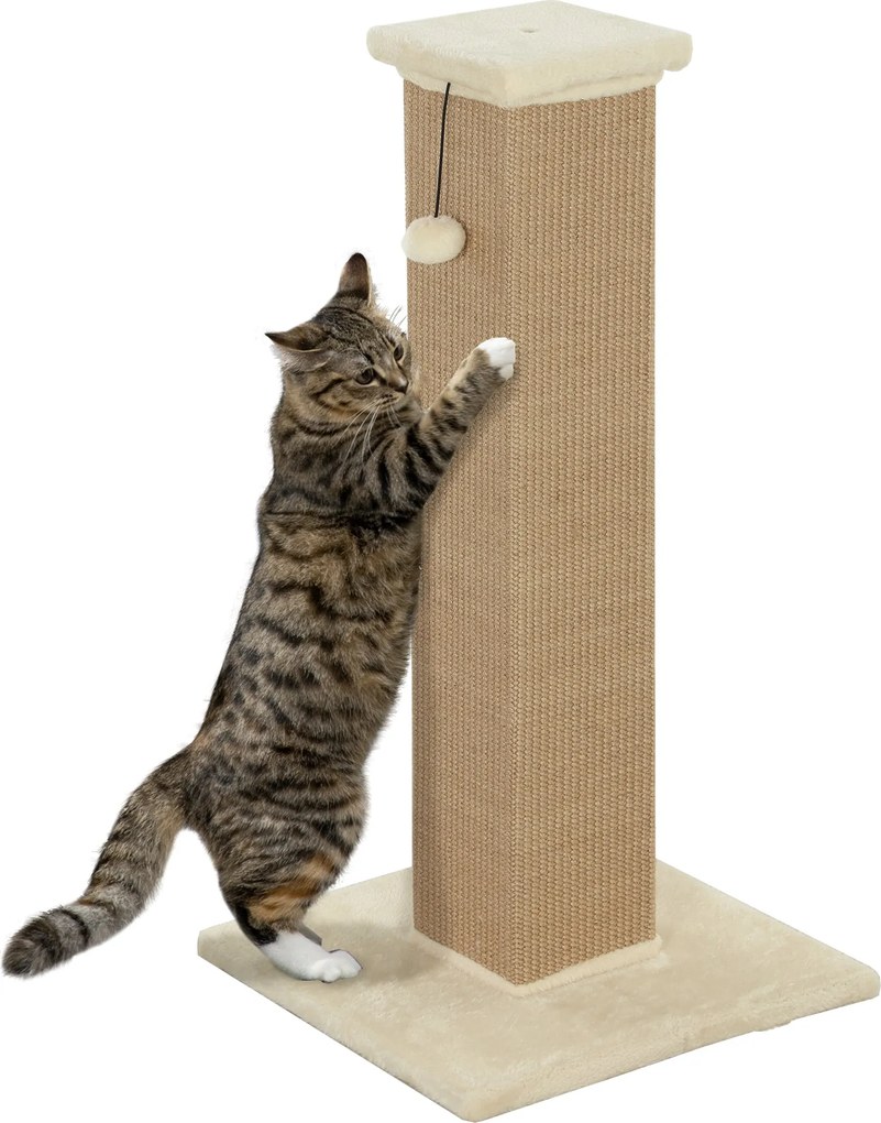 PawHut Stĺp na škrabanie pre mačky s výškou 81,0 cm a zavesenou loptičkou 41,0x41,0x81,0 cm Béžový | Aosom
