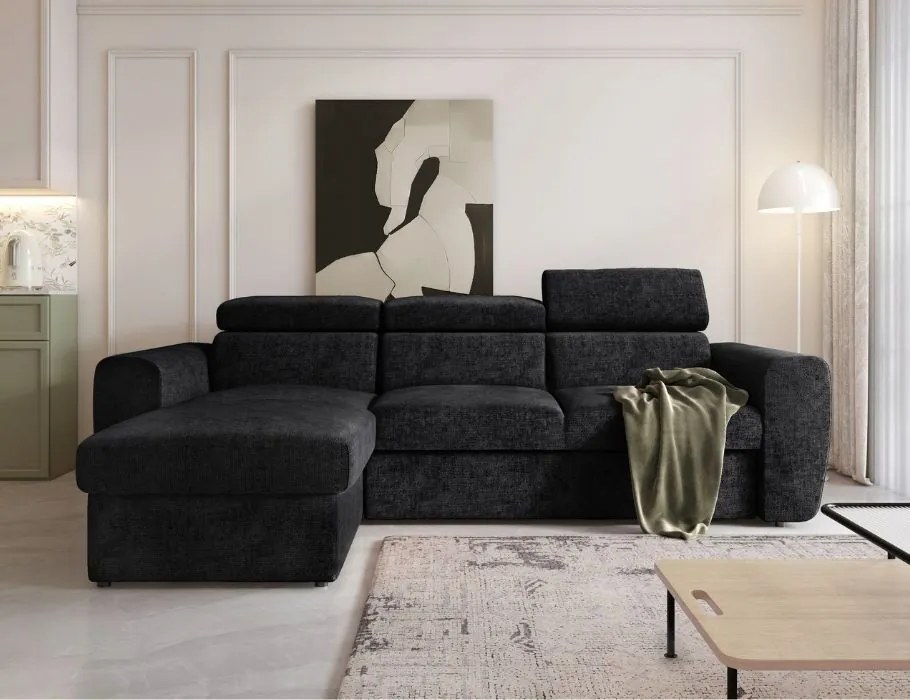 Čierny roh do obývačky s funkciou spania Napoli s opierkami hlavy.