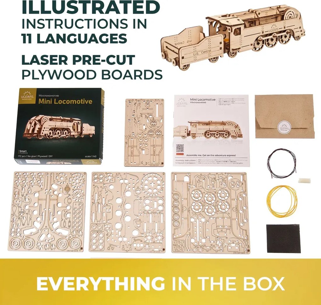 Ugears 3D mechanické puzzle Mini lokomotíva 172 ks
