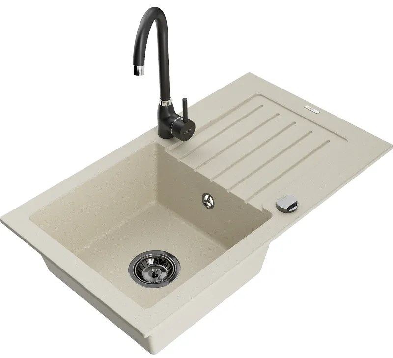 Mexen Pablo, granitový drez 752x436x161 mm, 1-komorový a čierna batéria Telma, béžová, 6510-69-670200-70