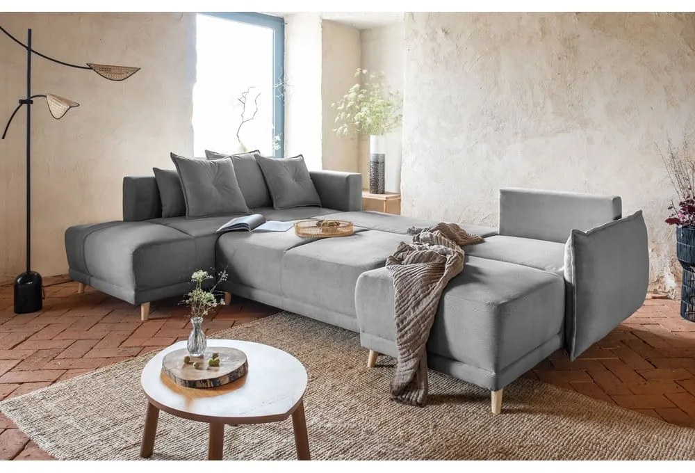 Sivá menčestrová rozkladacia rohová pohovka (ľavý roh/do "U") Lazy Lukka – Miuform