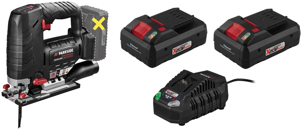 Parkside Performance®  Aku priamočiara píla Ppstda 20-Li A1 + Smart akumulátor 20 V/4Ah Paps 204 A1, 2 kusy + Nabíjačka 20 V/4,5 A PLG 20 C3  (800010587)