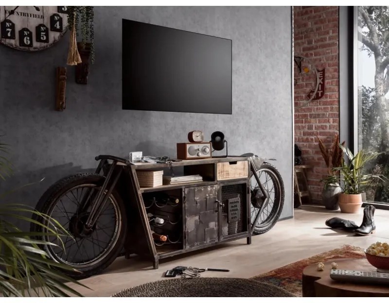 furniture-nabytek.cz - Masívny barový stôl Harlow Bike s motocyklovou konzolou a držiakom na fľaše, materiál kov a mango, lakovaný