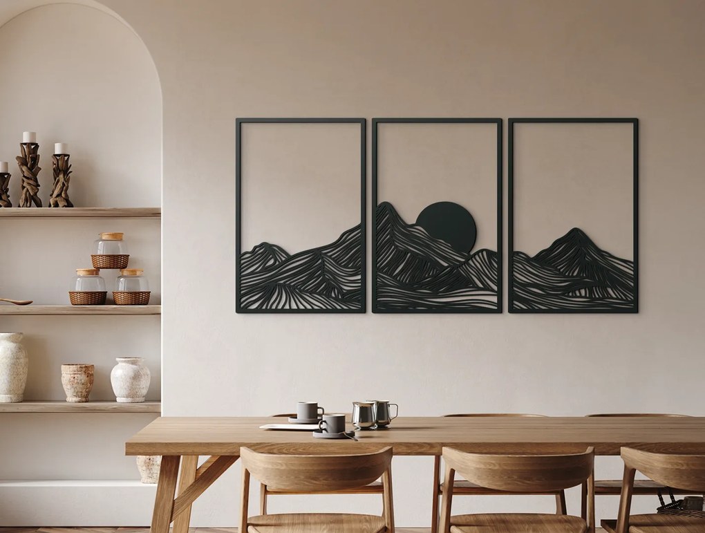 drevko Viacdielny obraz Minimalistické hory pri západe slnka Rozmer obrazu: 64,5 x 133 cm, Farba dekorácie: Čierna