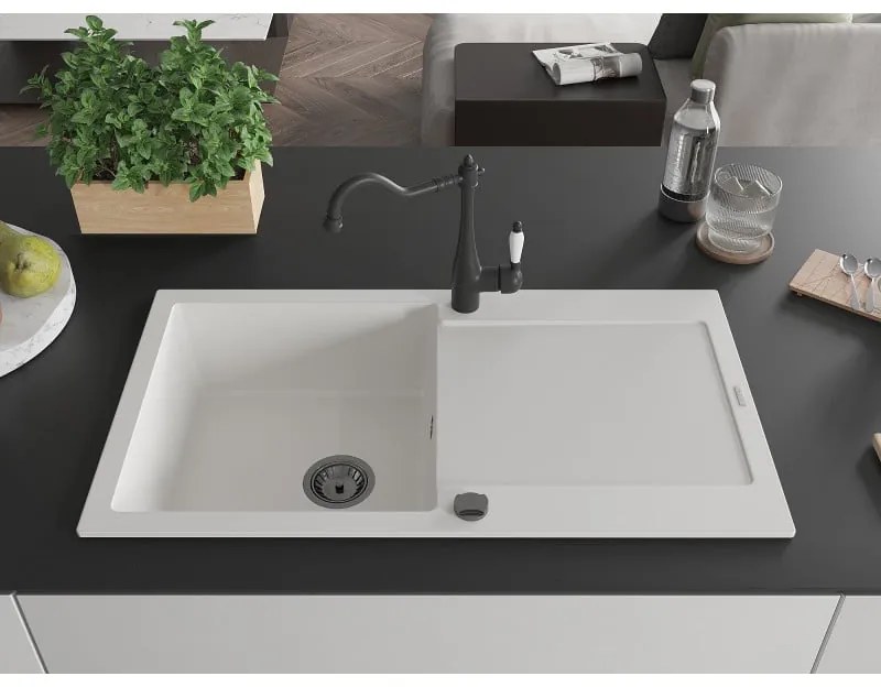 Mexen Leo, 1-komorový granitový drez 900x500x190 mm a drezová batéria Carla, biela, 6501-20-670700-70