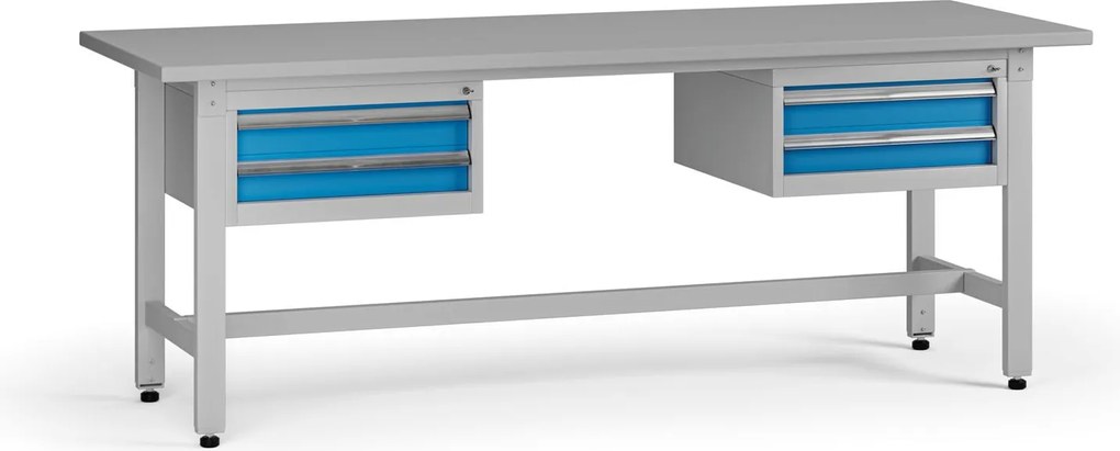 Výškovo nastaviteľný dielenský stôl G5, 2100 x 750 x 800-1000 mm, 2x kontajner, 4 zásuvky, modrá