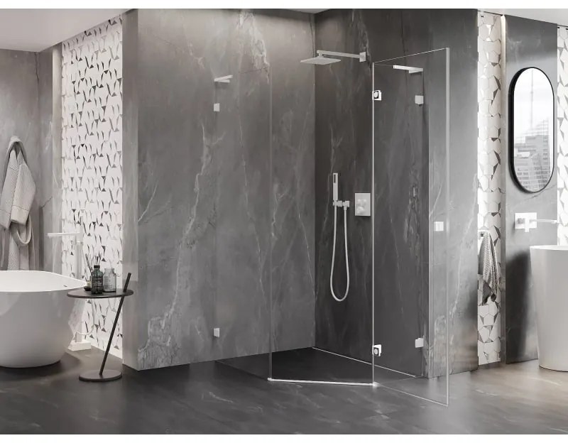 Mexen Lunar, L pravý výklopný päťuholníkový sprchový kút 80 x 90 cm, 8mm číre sklo, biely profil, 831L-080P-090L-20-00-P