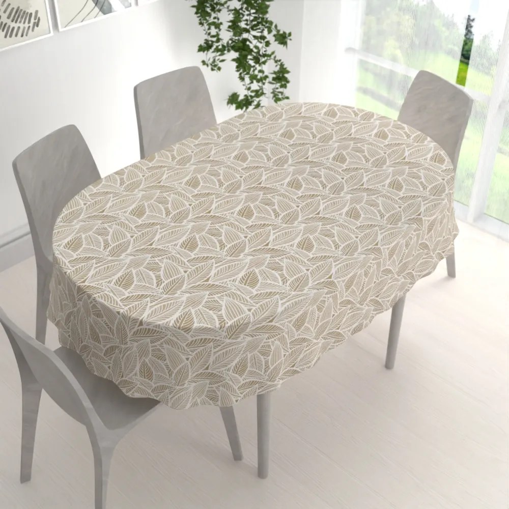 Biante Veľký dekoračný oválny obrus Leona LN-168 Biele listy na svetlo hnedom 260x320 cm