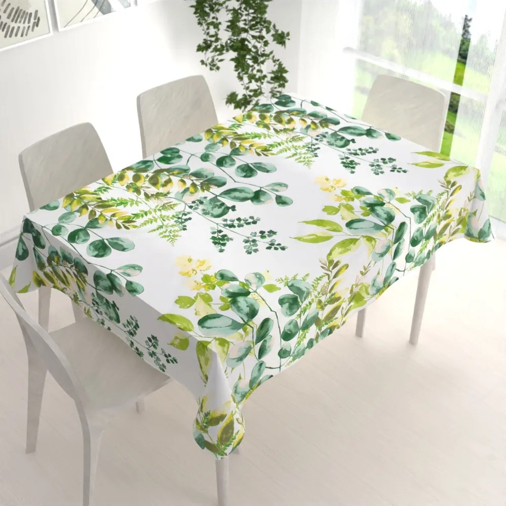 Biante Bavlnený obdĺžnikový obrus Sandra SA-244 Zelený eukalyptus na bielom 140x180 cm