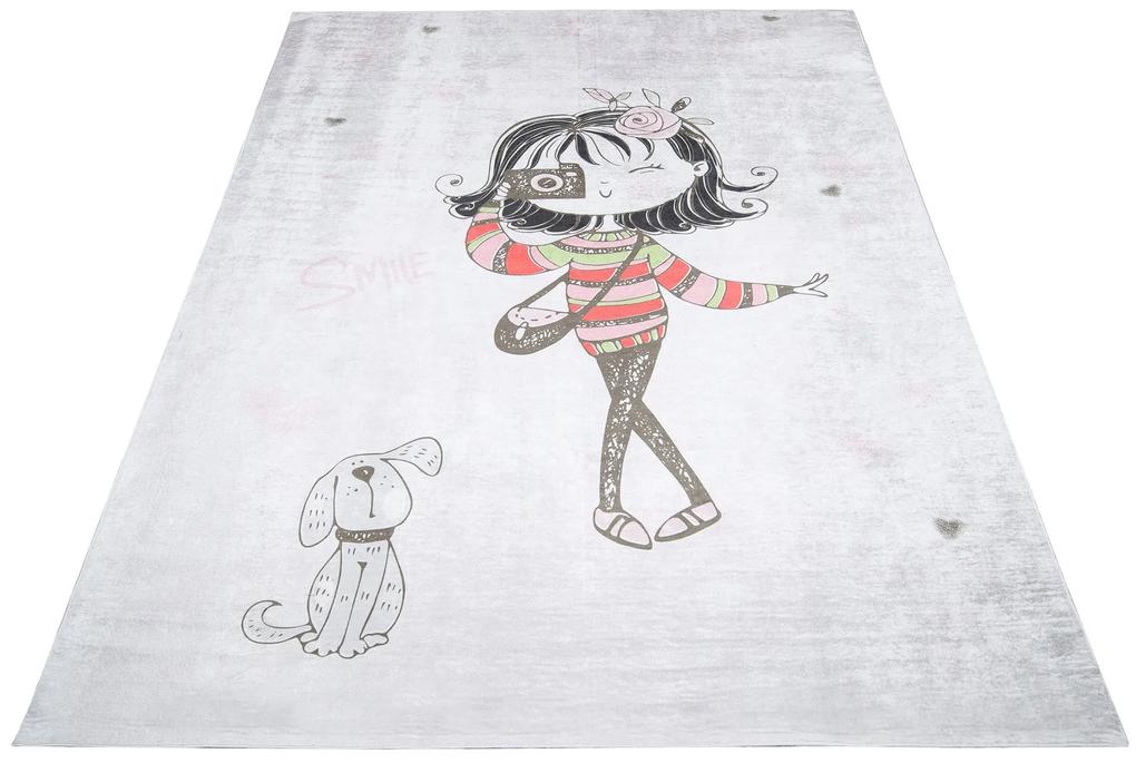 Detský koberec do dievčenskej izby so slečnou a psíkom