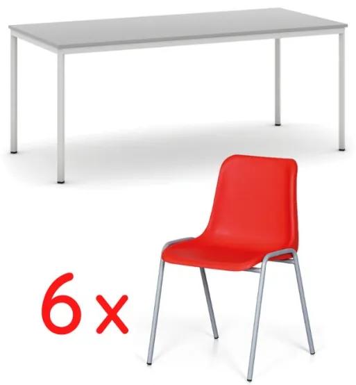 Jedálenský stôl, sivý 1800 x 800 + 6 jedálenských stoličiek AMADOR, červená