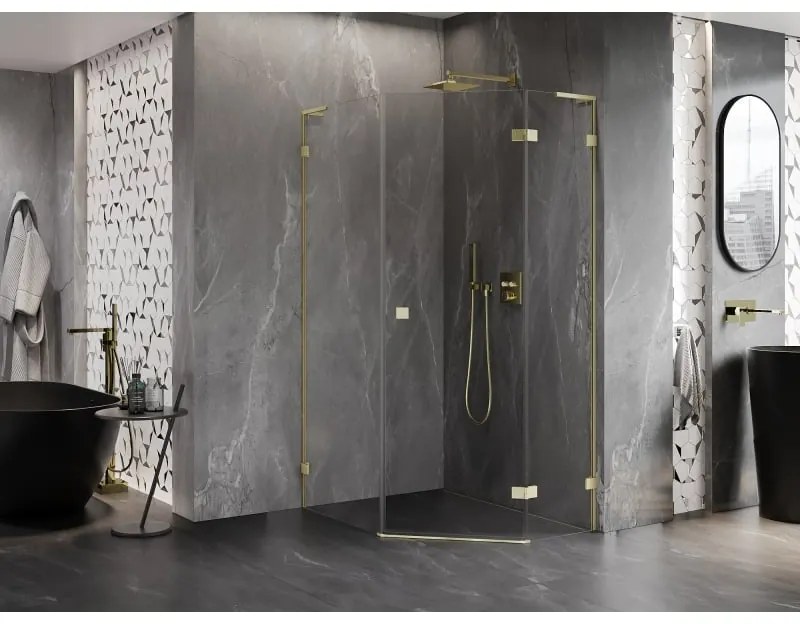 Mexen Lunar, L pravý výklopný päťuholníkový sprchový kút 80 x 90 cm, 8mm číre sklo, zlatý matný profil, 831L-080P-090L-55-00-P