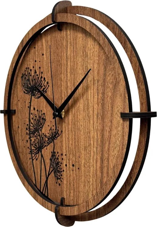 Drevené hodiny Wenge s čiernym kvetinovým motívom | SENTOP HDF0586-ORECH-WENGE