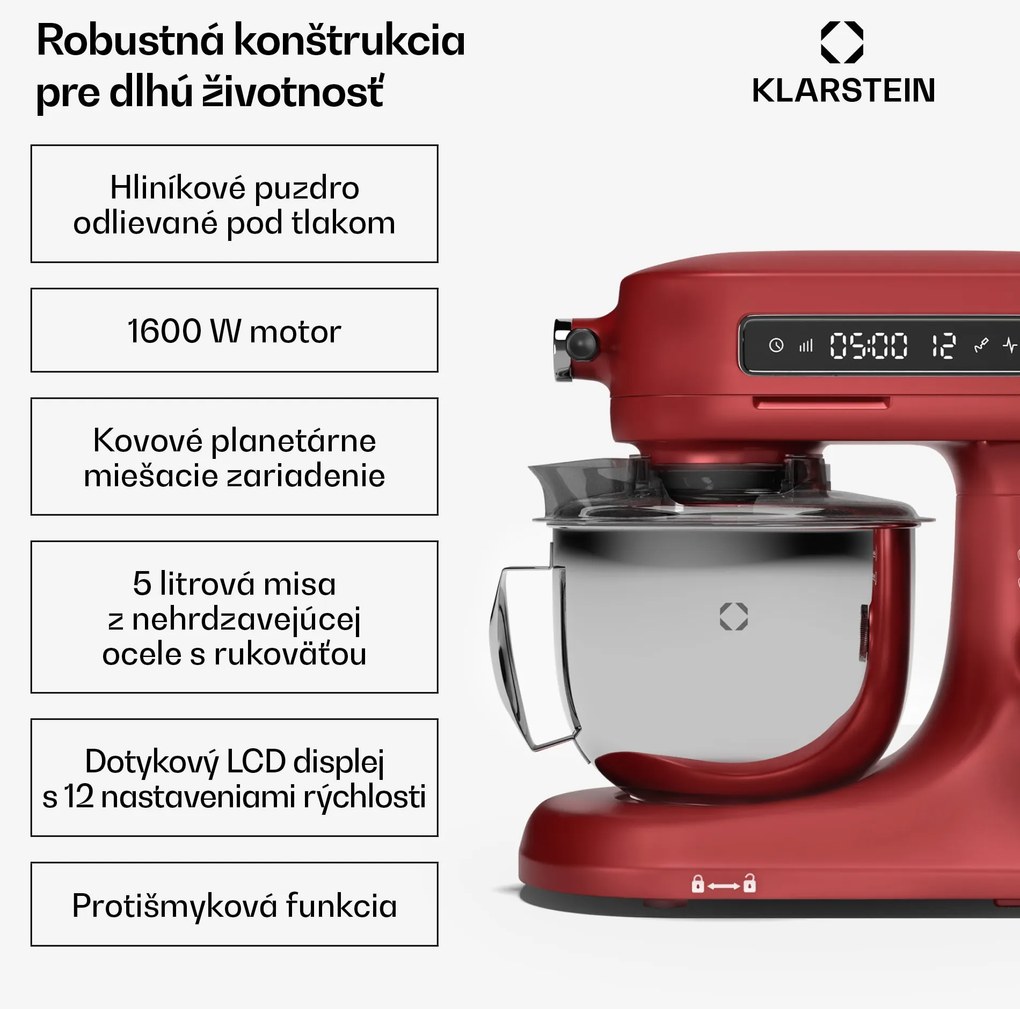 Klarstein Chiara kuchynský robot, 1600 W, 12 nastavení, misa z nehrdzavejúcej ocele, LCD displej, vrátane príslušenstva