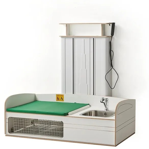 Výškovo nastaviteľný prebaľovací pult NEIL, nástenný, s umývadlom vpravo, 1200x800 mm