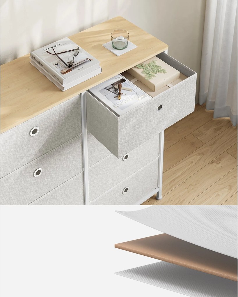 Komoda s 8 textilnými zásuvkami, s kovovým rámom, krémová biela a dub