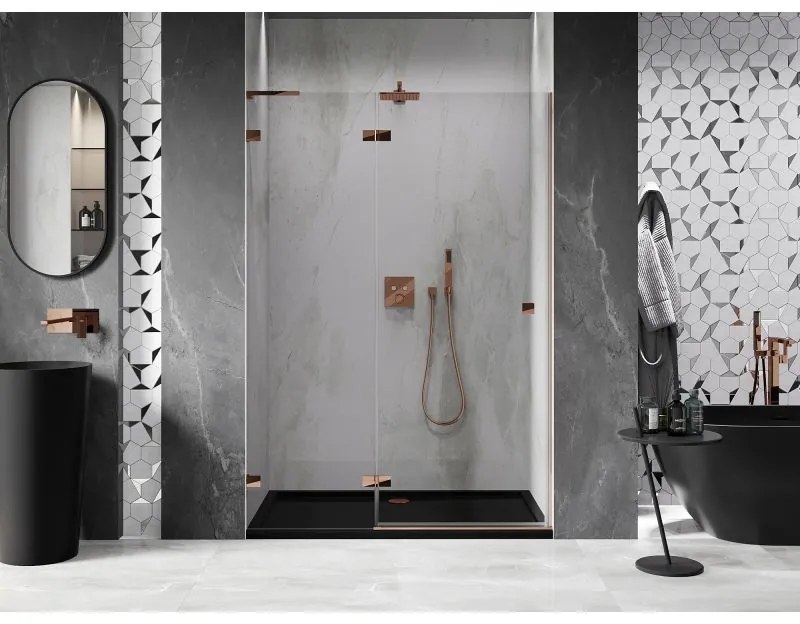 Mexen Lunar L, ľavé otočné sprchové dvere 140 cm, 8mm číre sklo, ružové zlato profil, 834L-140-000-60-00-L