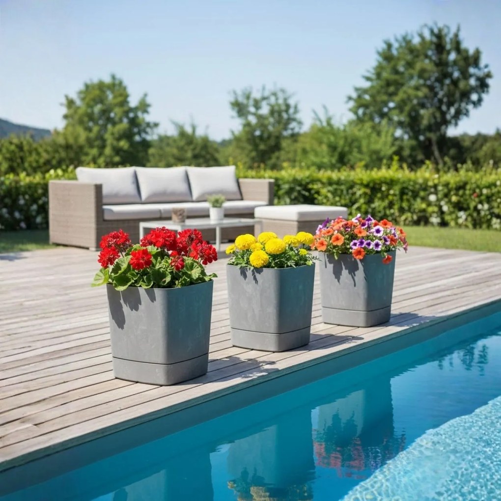 PLASTOVÝ KVETINÁČ CUBI 30X33 CM IMITÁCIA BETÓNU SIVÁ