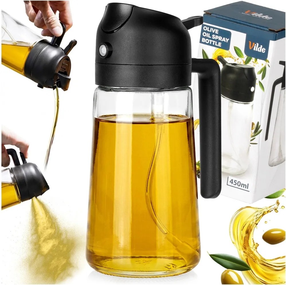 VILDE Sklenený rozprašovač a dávkovač na olej 2v1 450ml - číre sklo
