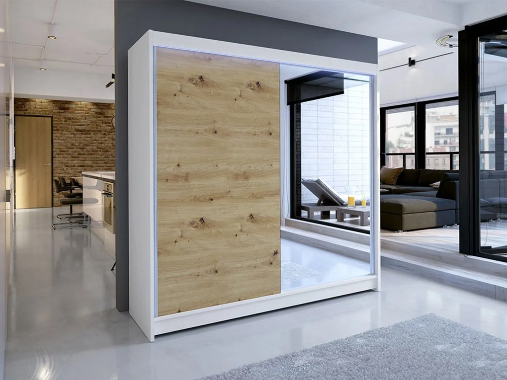 Šatníková skriňa s posuvnými dverami Bar I, Farby: čierny / dub artisan, Osvetlenie: osvetlenie LED RGB - farebné