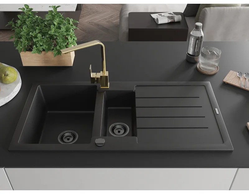 Mexen Andres, granitový drez 1000x500x200 mm, 1,5-komorový, čierna s čiernym sifónom a zlatá drezová batéria Rita, 6515-77-670300-50-B